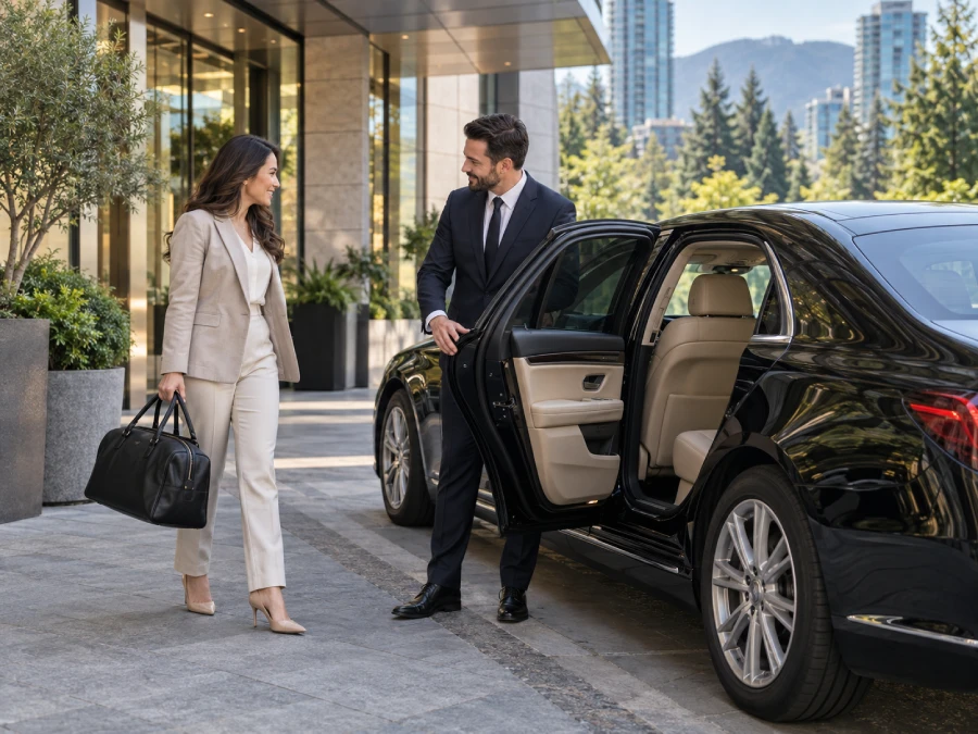 chauffeur welcoming passenger beside a luxury sedan