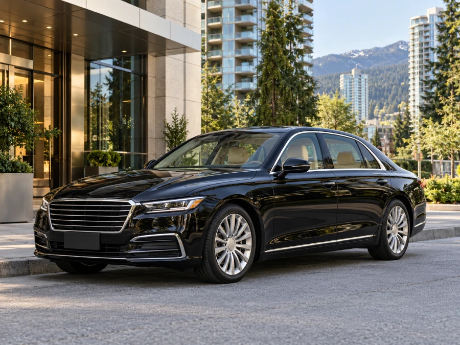 Luxury Sedan Rental In Burnaby at a Glass Entrance